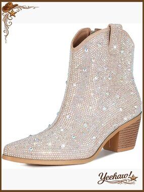 Rhinestone Cowboy Boots Glitter Chunky Heel Sparkly Ankle Boots